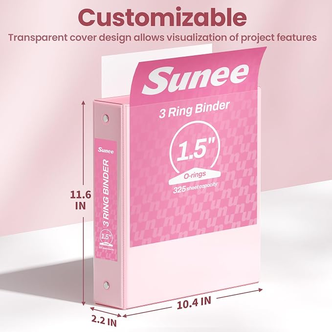 SUNEE 1.5 Inch Binders 3 Ring 4 Pack, Clear View 1 1/2 Inch Binders Three Ring PVC-Free (Fit 8.5x11 Inches) for School or Office Supplies, Pink