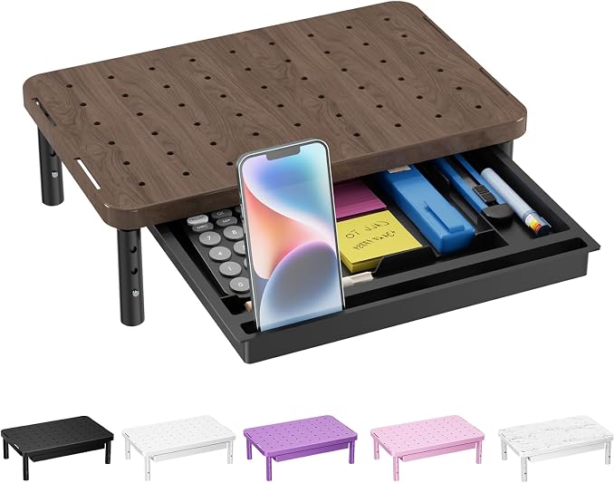 WALI Plastic Computer Monitor Stand with Storage, Adjustable Laptop Riser | Laptop Riser with Airflow Vents, Desk Organizer for Computer, Printer, Notebook (PTT002-C), 1 Pack, Brown