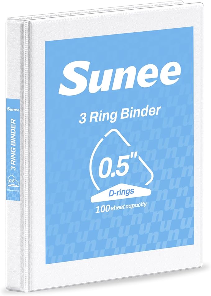 SUNEE 3 Ring Binder, 1/2 Inch D Ring, Clear View PVC-Free (Fit 8.5x11 Inches), White, 1 Pack