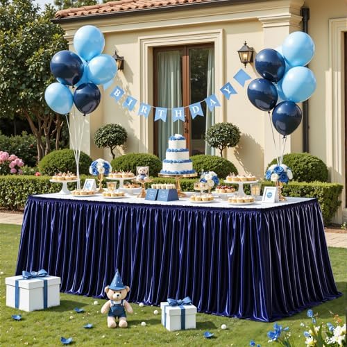 Wish Care 17ft Navy Blue Satin Long Table Skirt for Rectangle Tables Wrinkle Free Teacher Desk Skirt Glitter Ruffle Table Skirting Cloth for Back to School Classroom Office Birthday Party Table Decor