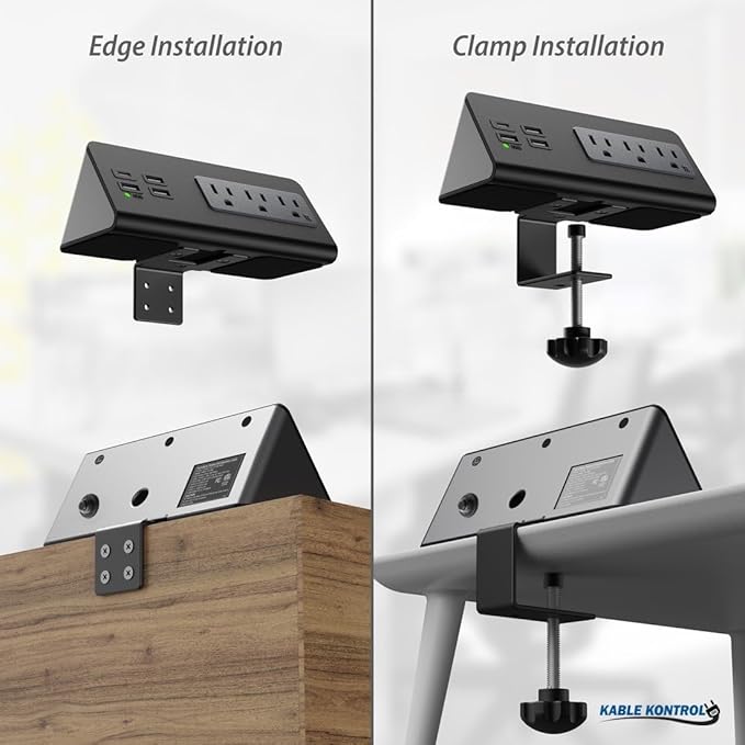 Kable Kontrol Desk Clamp Power Strip with USB-C Port, Nightstand Charging Station, 3 AC Outlets, 3 USB-A Ports, Fast Charger, Easy Installation for Home, Offices, Hotels – 4.9 Ft, White, 1 Pc