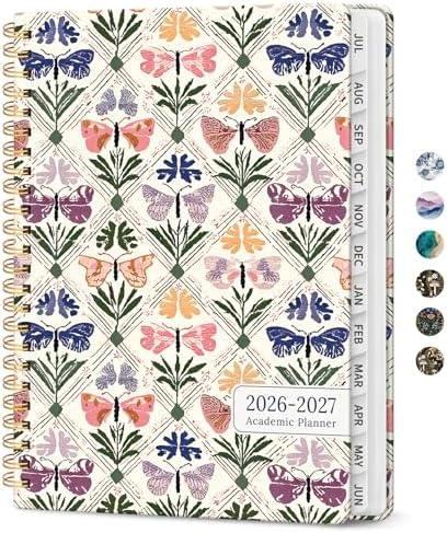Planner 2026-2027, Jul 2026-Jun 2027 Academic Monthly & Weekly Planner | 6.3" x 8.5" Hardcover Pretty Calendar Planner for Women, Spiral Organizer for School Office Home, Butterfly Patchwork