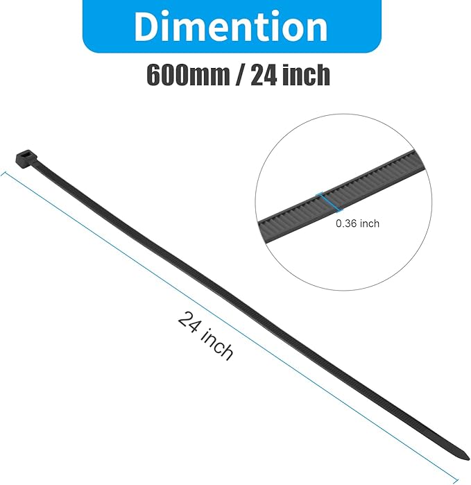 XINGO 24 inch Black Long Zip Ties Heavy Duty 100 PCS, 200LBS Ultra Strong Plastic Wire Ties, Large Cable Ties Extra Long Tie Wraps, Indoor and Outdoor UV Resistant