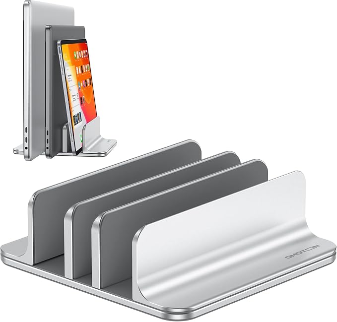 OMOTON 3-Slot Multiple Vertical Laptop Stand, Fits MacBook, Bright Silver | Adjustable Width 0-1.38", Aluminum Office Space-Saving for Desk, Fits MacBook/Book/iPad Up to 17.3in