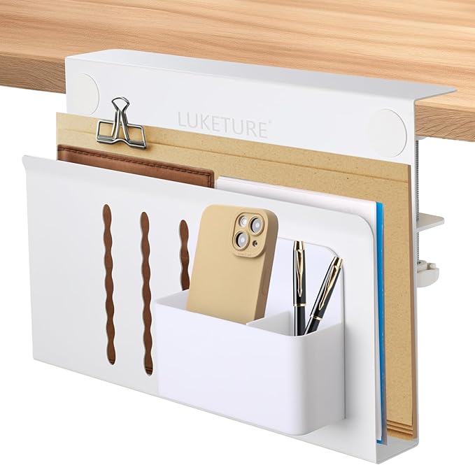 LUKETURE Desk Side Storage, No Drill Laptop Mount with Pen Holder, Clamp-On | Fits Flat Edge Desks 0.3 to 2.8 Inches,Secure Grip on Wood, Glass, or Metal Surfaces Without Slipping