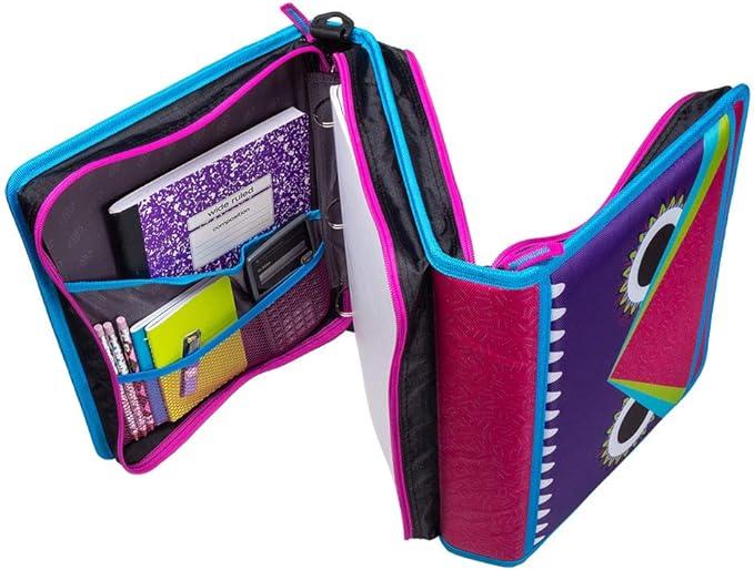 Case-it Z Shape Zipper Binder | Dual 1.5" D-Rings | 500-Sheet | Z-176-ME | Z Shape, Two Binders in One, Double-Sided, Multiple Pockets, Shoulder Strap, Monster Design, School & Office
