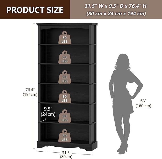 TVU 6-Tier Wooden Bookshelf, 76 Inch Tall Bookshelf with Storage, Floor Standing Modern Style Display Bookcase for Living Room, Office, Study Room, Entryway, Black