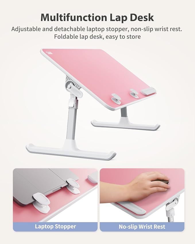 SAIJI Height & Angle Adjustable Laptop Stand for Bed, Lap Desk Tray Table | Light Weight Foldable Portable Laptop Table for Couch Sofa Chair Floor Desk for Adults, Kids (Pink)