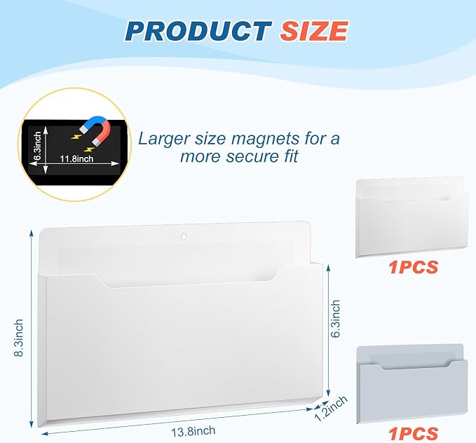 Feifeiya 2 Pcs Magnetic File Folder Wall Hanging Holder Large Pocket Paper Magazine Mail Organizer for Refrigerator Classroom Locker Whiteboard(Horizontal,White Grey,13.8 x 8.3 Inches)