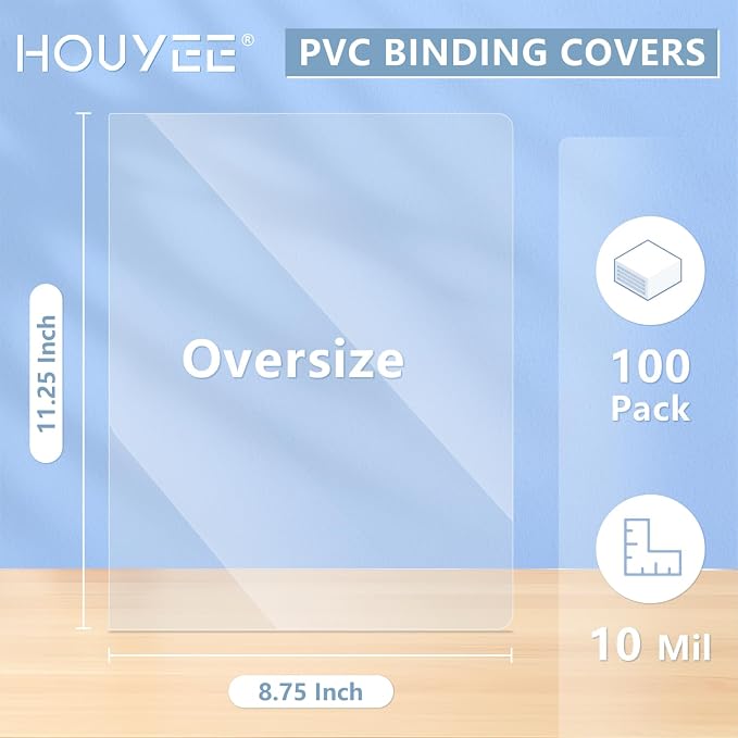 HOUYEE 100 Pack 10 Mil Clear Binding Presentation Covers,PVC,Oversize | Clear Covers for Binding 8.75 x 11.25 Inches, Transparent Plastic Binding Covers, Square Corner, Letter Size, for School