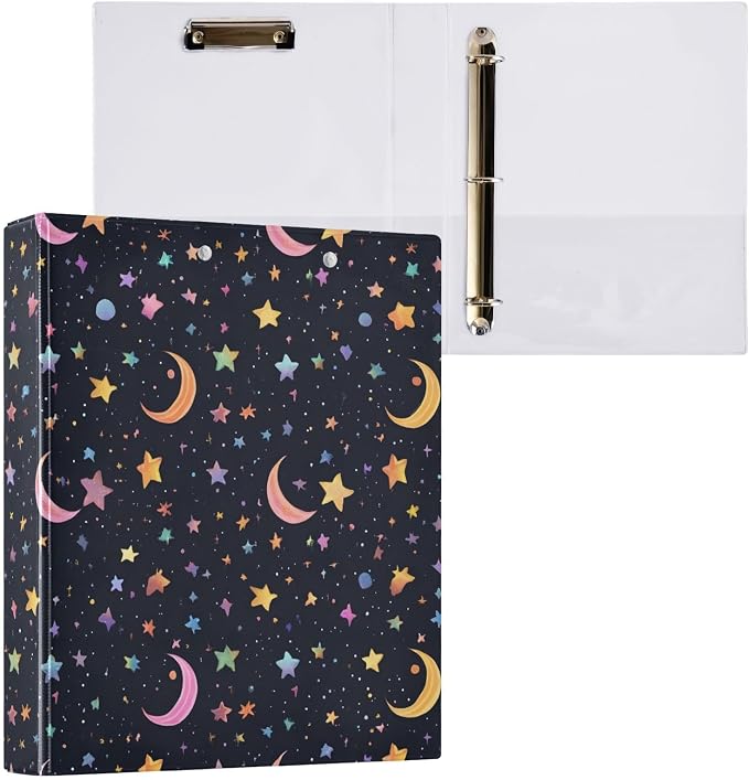 3 Ring Binder Star Moon Black 1.5 inch Binders Three Ring Binders with Clipboard Fit 8.5'' x 11'' Paper 3 Interior PVC Clear Pockets for Office Supplies