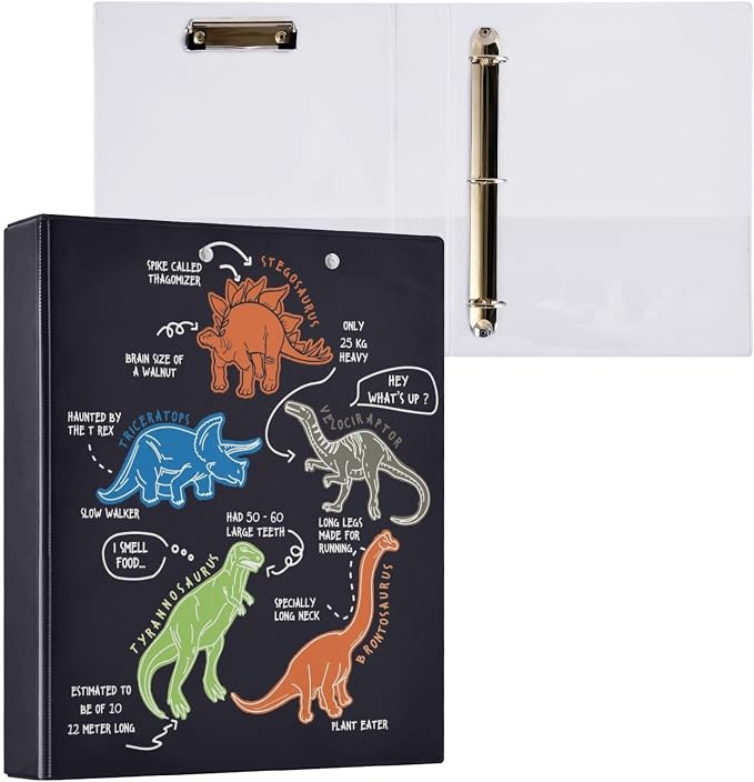 Dinosaur Cartoon Black Decorative 3 Ring Binder 1.5 Inch Large View Binders with Pockets File Organizer for Office College School, 2 Pack