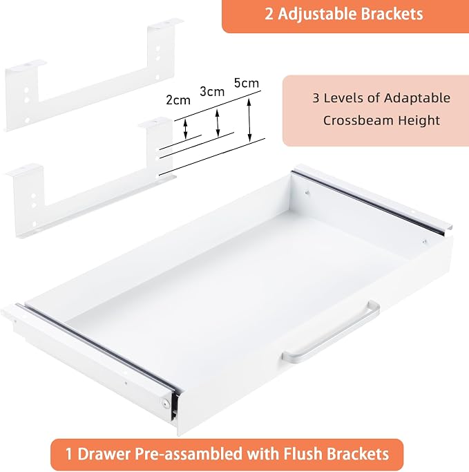 Under Desk Drawer Organizer 21", Large Desk Pencil Storage Drawer | White, Under Cabinet Table, Heavy Duty Pull Out Shelf, Attachable for Workbench, Adjustable Brackets, Work Shop, Desk Lip