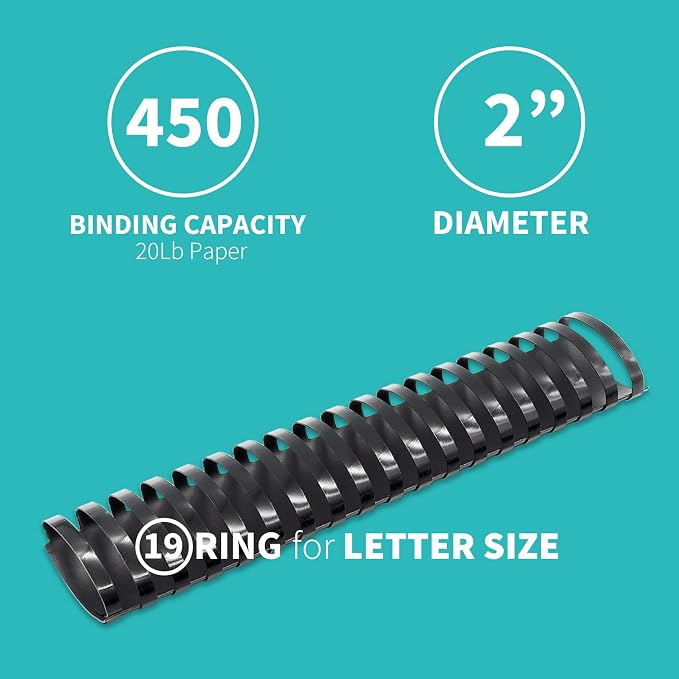 Binditek Plastic Binding Comb Spines, 2 Inch, 19 Ring, Black, 10 Pack | Plastic Binding Combs, 2 Inch Diameter, 450 Sheet Capacity, for Letter Size, for Students and Coworkers