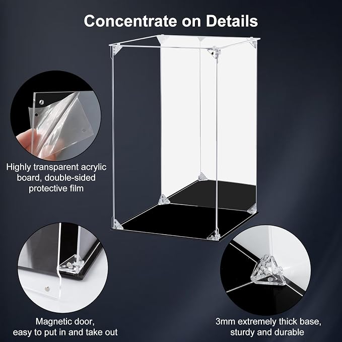 Acrylic Display Case Clear Action Figure Display Case with Mirrored Back, Dustproof Protection Display Box Alternative Glass Case for Collectibles Figures Models Doll Toys(10x10x15.7 inch, 25x25x40cm)