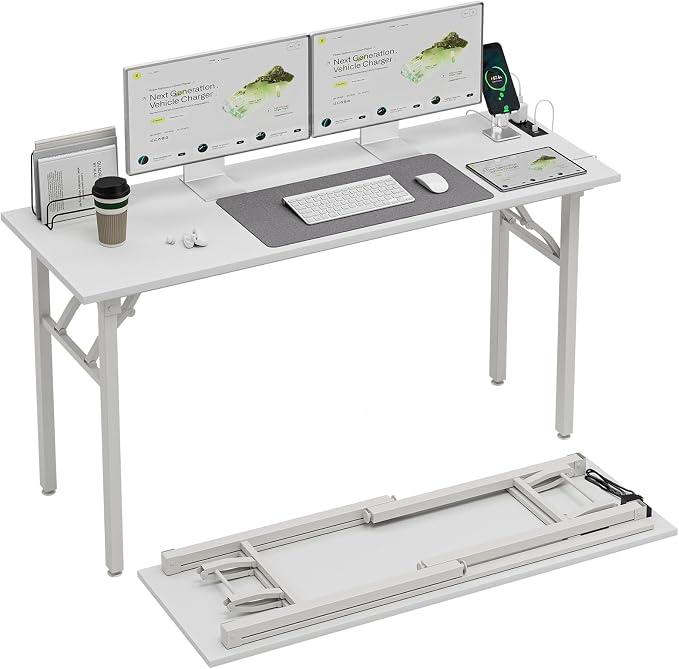 TEMI Long Computer Desk Folding Table - No Assembly, Compact 55.1" Foldable Desk with Power Outlets & USB Charging Port, Portable Lagre Office Desk, Ideal Large Study Table for Narrow Spaces,White Ash