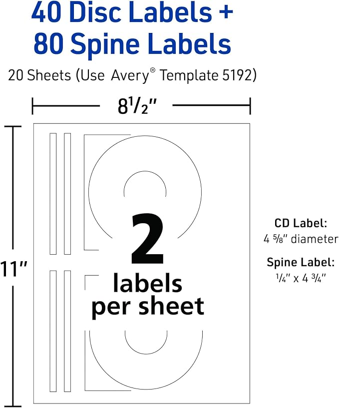 Avery Printable CD Labels, Matte White, Permanent Adhesive, Laser/Inkjet Printable, 40 Blank CD & 80 Blank Spine Stickers, Great for DVD, PC Discs, and More (5192)
