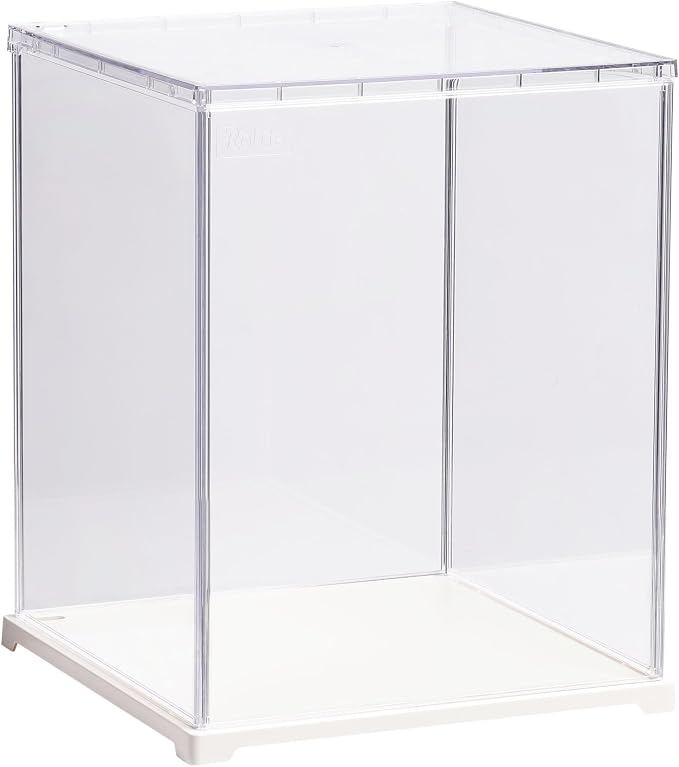 Rolife Acrylic Display Case for Miniature House and Collectibles, Clear Dust Cover Showcase with Door, Stackable Storage Box with White Base for Book Nook(9.1x9.1x11.5in)