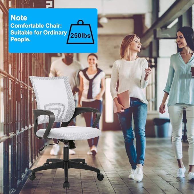 BestOffice | Ergonomic Office Chair | Mid-Back Swivel Desk Chair | Breathable Backrest & Lumbar Support | Adjustable Height | Sponge Seat | Rolling Wheels | White | for Adults & Women | Pack of 2