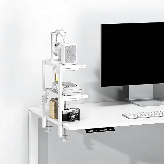 Spacrea Clamp on Desk Shelf, 2 Tier Office Desk Shelves Organizer, Wood Desktop Supplies Storage Rack, Desk Organizers and Accessories (White)