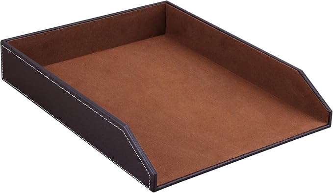 Letter Tray, PU Leather Paper Organizer Tray for Desk, Paper Organizer Storage Holder for Office Home or School A4 Size Brown