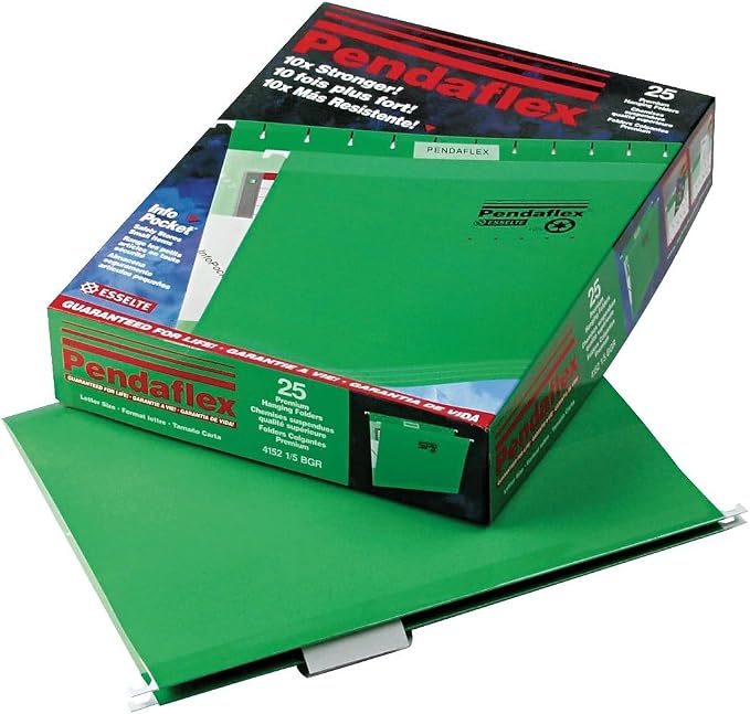 Pendaflex Reinforced Hanging File Folders, Letter Size, Bright Green, 1/5 Cut, 25/BX (4152 1/5 BGR)