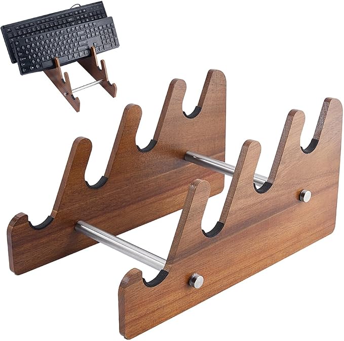 DICOSMETIC Keyboard Display Stand Mechanical Keyboard Holder Keyboards Storage Shelf Natural Acacia Wood 4 Slot Detachable 30x16.7x15cm (11.81x6.57x5.91 Inch) for Keyboards Tablet Small Devices