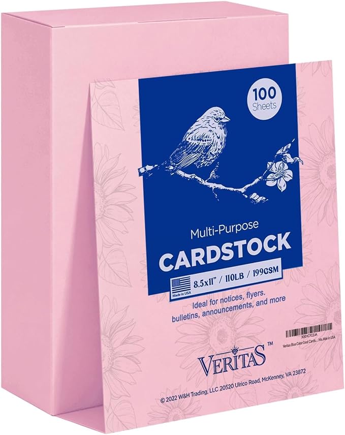 Veritas Pink Colored Cardstock, 8.5" x 11" Colored Copy paper, 110LB/199GSM Printer Paper, 100 Sheets, Colored Multi-Purpose Pink Paper, Made in USA