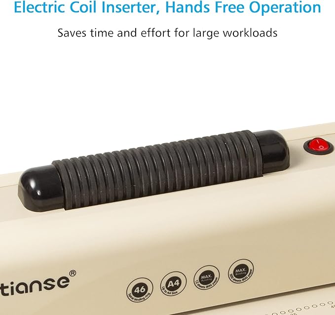 TIANSE Binding Machine - Electric Coil Inserter for Professional Binding, 12-Sheet Punch, for Letter/A4/A5 & Plastic/Metal Coils, with 100 Coil Spines & Pliers for Home, Office, School, DIY