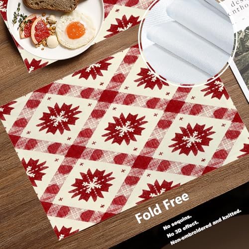 Batmerry Buffalo Check Snowflakes Linen Placemats Set of 4, Christmas Red Ivory Pattern Washable Table Mats for Kitchen Table Thickened Heat Insulation Dining Set Indoor Outdoor 12X18 in