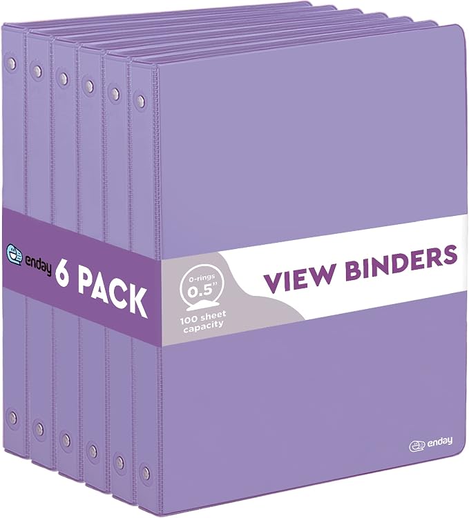 Enday 1/2 inch Binder 3 Ring Binder (6 Pack - Purple) O-Ring Binder with Clear View Cover and 2 Inside Pocket - for Letter Size 8.5 x 11'' Paper, Ideal for School Supplies, Office, and Home