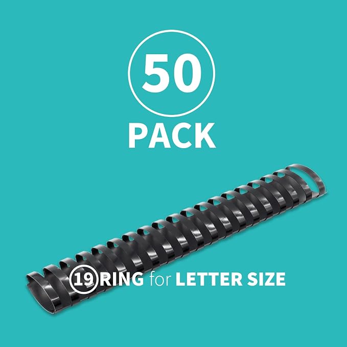 Binditek Plastic Binding Comb Spines, 1-1/2 Inch, 19 Ring, Black, 50 Pack | Plastic Binding Combs, 1-1/2 Inch Diameter, 310 Sheet Capacity, for Letter Size, for Students and Coworkers