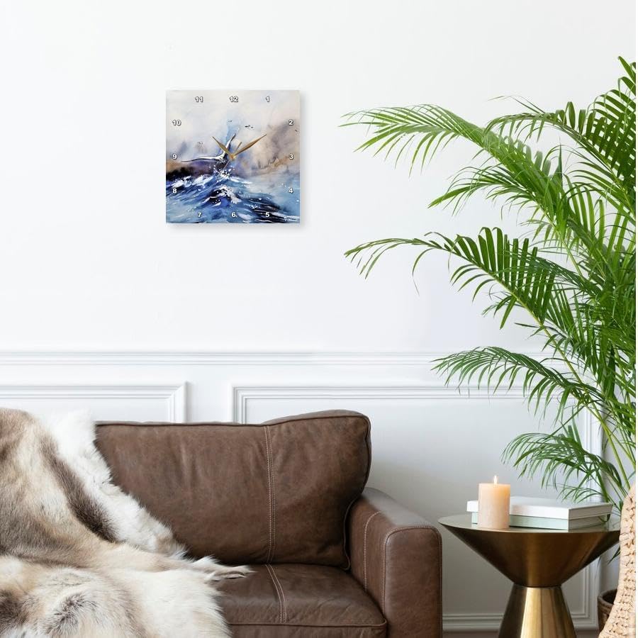 3dRose Wall Clock Silent - 10 inch - Image of Ocean Watercolor with Flying Seagull - Lens Art by Florene - Watercolor Art