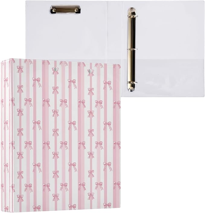 Pink Bow Stripe 3 Ring Binder 1.5 Inch 1 Pack with 200 Sheet for Kids School Supplies Women Men Office