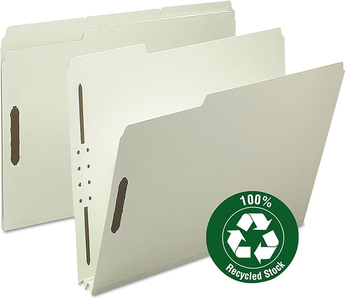 Smead 100% Recycled Pressboard Fastener File Folder, 2 Fasteners, 1/3-Cut Tab, 2" Expansion, Letter Size, Gray/Green, 25 per Box (15004)