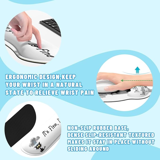 Black Cat Mouse Pad Set It's Fine I'm Fine Everything is Fine Gaming Mousepad 4in1 Desk Mat for Desktop Anti-Slip XXL Big Computer Ergonomic Mousepad with Wrist Support for Keyboard and Mouse