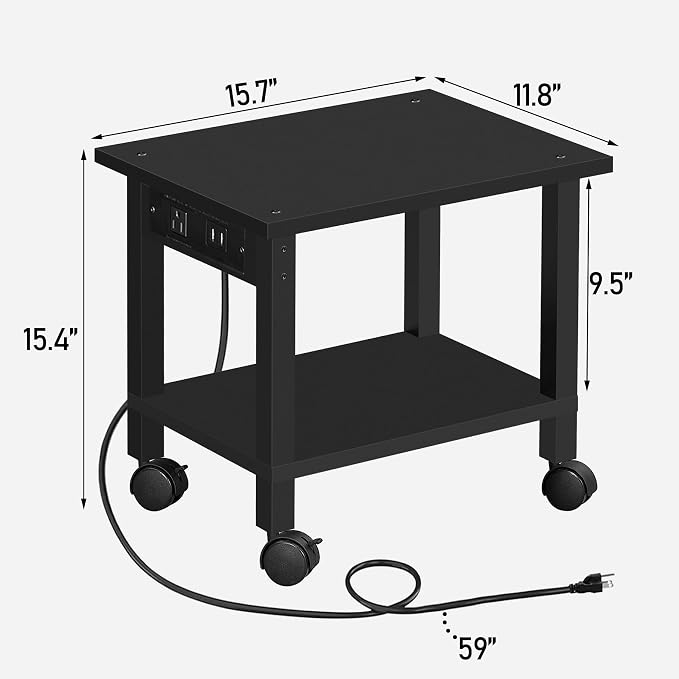 TUTOTAK Printer Stand, 2 Tier Rolling Printer Cart with Charging Station | Small Under Desk Printer Table with Wheels for Small Space, Office, Home, Black PS01BK001