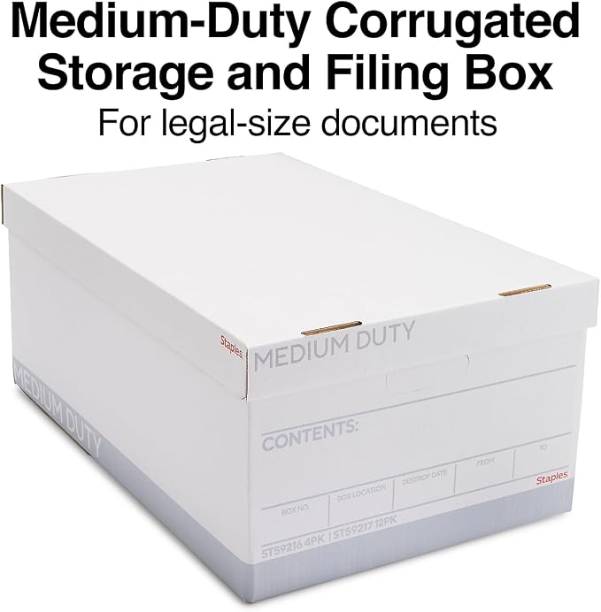 Staples Medium Duty File Box, Lift-Off Lid, Legal, 12/Carton
