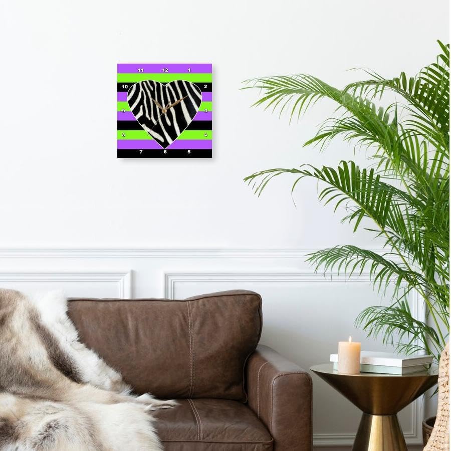 3dRose Wall Clock Silent - 10 inch - Punk Rockabilly Zebra Heart Purple Green Black Print - Designs Prints and Patterns