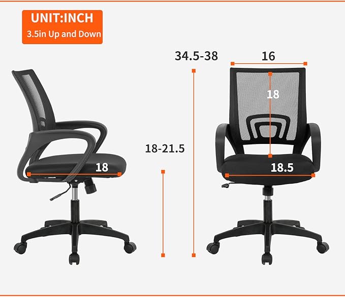 BestOffice Ergonomic Office Chair | Mid-Back Swivel Desk Chair | Black | with Lumbar Support, Adjustable Height & Breathable Backrest | Sponge Seat & Rolling Wheels | for Home, Office | Pack of 1
