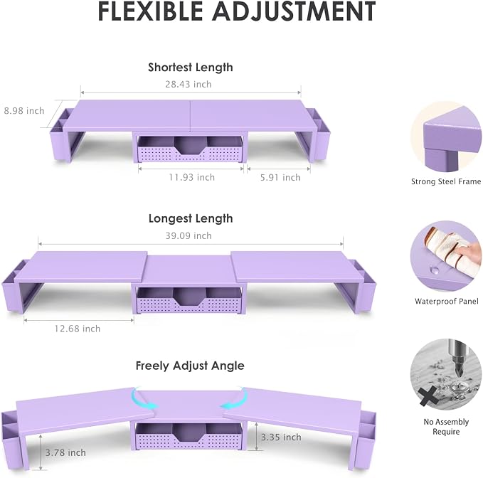 Desk Organizers and Accessories, Dual Monitor Stand Riser with Drawer and 2 Pen Holders, Desk Shelf Computer Racks for Office Workspace Organizers, Desktop Organization (Purple)