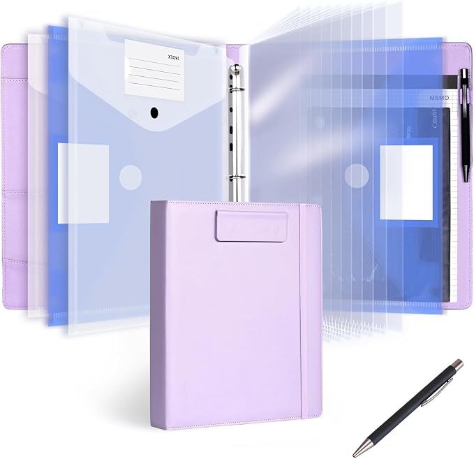 Leathario 1 Inch 3 Ring Binder with Clipboard Storage Vegan Leather | Includes 10 Clear Divider Pockets, 4 Envelope Pockets, 1 Pen Bag and 1 Pen, Suitable for A4/8.5x11 Paper, for Students Work