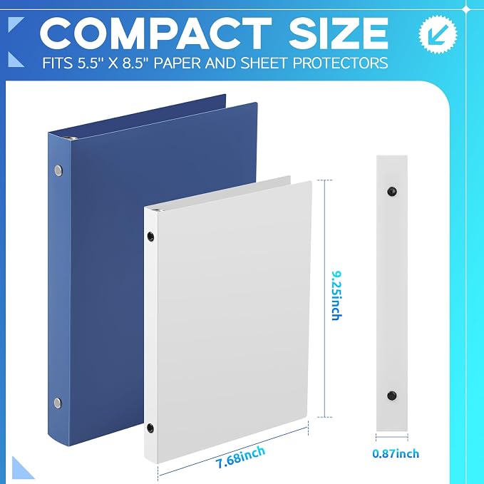 Henoyso 0.5 Inch 6 Pack Mini 3 Ring Binders for 5.5"x8.5" Paper,White | Holds 100 Sheets, Plastic Small Binders, Round Three Rings, Flexible PP Covers, School Office, Photo Album Planner Journal
