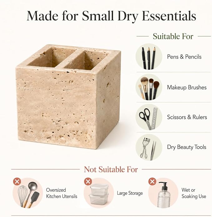 Natural Travertine Pen Holder, 2-Compartment Desk & Makeup Brush Organizer | Pen Holder for Pens, Scissors and Office Desk Decor, 3.94 x 3.94 x 3.94 in