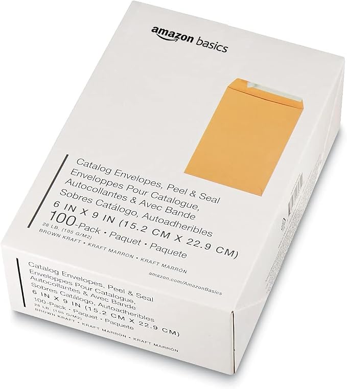 Amazon Basics Self Seal Catalog Envelopes for Business Mailing, Peel and Seal, 6" x 9", Brown Kraft, 100-Pack