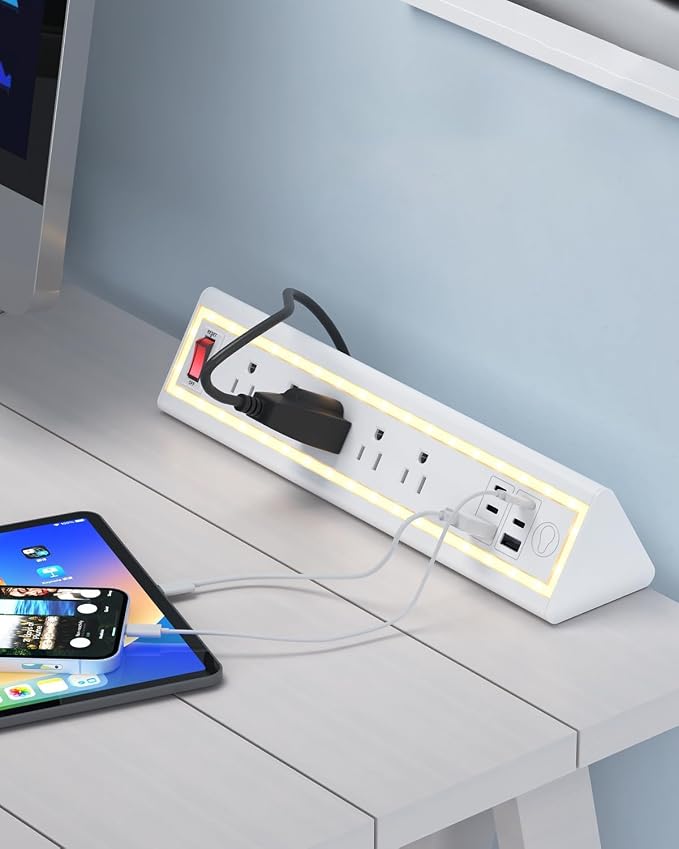 Desk Clamp Power Strip with Nightlight, 40W Fast Charging, 6FT Extension Cord, 4x20W USB-C & 2 USB Ports, 5 AC Outlets, Fits 1.69-Inch Table Edges