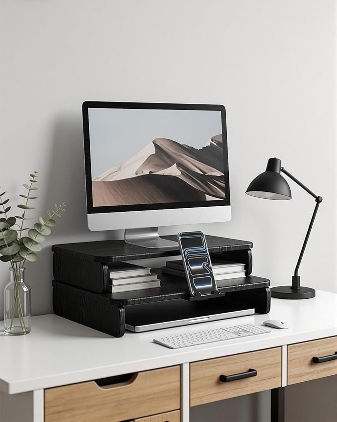 Dual-Layer Monitor Stand Riser, 2-Tier Ergonomic Desk Organizer with Hidden Phone Holder & Cable Management, Multi-use Desk Stand for Computer, Laptop, Office Supplies, Black