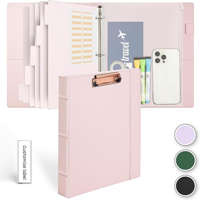 Hardcover 3 Ring 1 inch Leather Binder, Letter Size Binder Dividers with Tabs, PVC Zipper Pouch, Professional Organizer, Faux Rose Pink Leather