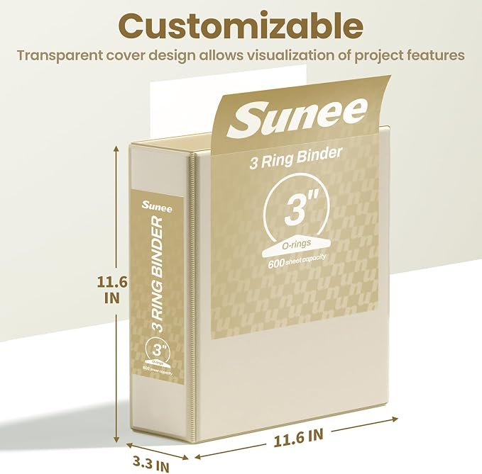 SUNEE 3 Ring Binder 3 Inch 4 Pack, Clear View Binder Three Ring PVC-Free (Fit 8.5x11 Inches) for School or Office Supplies, Neutral Aesthetic