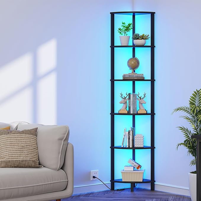 VIMBER 6-Tier Corner Shelf with LED Light, Industrial Corner Ladder Shelf, Rustic Display Shelf for Living Room, Bedroom, Kitchen, Home Office, Sturdy Frame, Black UJSJ002B
